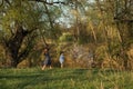 Siblings walking together in spring evening forest. Love Royalty Free Stock Photo