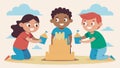 Siblings work together to build a giant sandcastle their laughter echoing as they stack buckets of sand and use their
