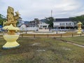 Sibolga,North Sumatra,Indonesia - December 30, 2022 : a park on the Anggar beach with 2 fish monuments and a fountain