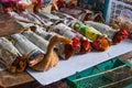 Chicken wrapped with old newspaper on market display at Sibu Central Market. Sibu Sarawak Malaysia Royalty Free Stock Photo