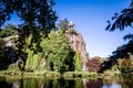 Sibyl temple and lake in Buttes-Chaumont Park, Paris Royalty Free Stock Photo
