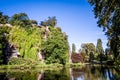 Sibyl temple and lake in Buttes-Chaumont Park, Paris Royalty Free Stock Photo