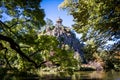 Sibyl temple and lake in Buttes-Chaumont Park, Paris Royalty Free Stock Photo