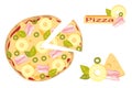 Siced Hawaiian pizza with pineapple, ham, cheese, basil and olive. Italian food. Cartoon style Royalty Free Stock Photo