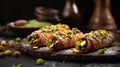 Sicilian dessert, Italy, Sweet homemade cannoli stuffed with ricotta and pistachio