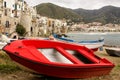 Sicilian fishing boat on the beach in Cefalu, Sicily Royalty Free Stock Photo