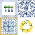 Sicilian Majolica Vintage Blue Tile with Lady Bug, Lemon, Orange, Lime and Little tree plants pot