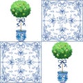 Sicilian Majolica Vintage Blue Tile with Lady Bug, Lemon, Orange, Lime and Little tree plants pot