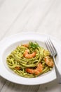 Sicilian pasta with pistachio pesto and shrimp Royalty Free Stock Photo