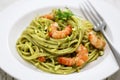 Sicilian pasta with pistachio pesto and shrimp Royalty Free Stock Photo