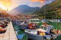 Sicilian port with fishing boats of Castellammare del Golfo village of Sicily, Trapani, Italy. Castellammare del Golfo town Gulf Royalty Free Stock Photo