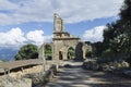 Sicilian Tindari archaelogical park ruins of an structure knowed as basilica with blue sky