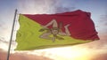 Sicily flag, Italy, waving in the wind, sky and sun background