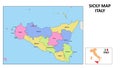 Sicily Map. State and district map of Sicily. Political map of Sicily with neighboring countries and borders
