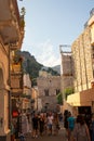 Sicily, Taormina, Italy - 28 September 2023. Tourists in the main street Corso umberto in Taormina. City views, facades,