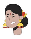 Sick adult woman with indian jewellery 2D linear vector avatar illustration
