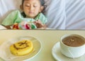 Sick Asian Child Hospital Patient on Bed with Breakfast Meals Menu Royalty Free Stock Photo