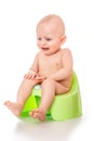 Sick baby constipation, colic, bloating, indigestion heartburn, digestion, pain, diarrhea. sitting on the potty with toilet paper Royalty Free Stock Photo
