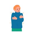 Sick boy cartoon character in warm sweater shivering and trembling shaking body hugging himself Royalty Free Stock Photo