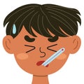 Sick boy face with a thermometer in his mouth. Ill little kid with fever clipart Royalty Free Stock Photo