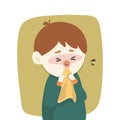 Sick boy has runny nose, caught cold. sneezing into Tissue, flu, Allergy season, Vector illustration