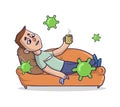 Sick boy lying in bed flat with viruses flying around him. Child with viral disease cartoon character. Coronavirus world