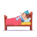 Sick boy lying in bed ill cold flu disease illness virus cartoon male character design vector illustration Royalty Free Stock Photo