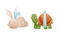 Sick Bunny and Turtle Animal with Bandage on Ear and Shell Vector Set