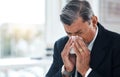 Sick business man, tissue and blowing nose for allergies, cold and virus in law firm. Face of mature lawyer sneeze with Royalty Free Stock Photo