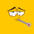 Sick Cartoon Square Emoticons With Tired Expression And Thermometer