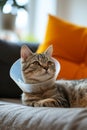 Sick cat lying down looking at camera with plastic collar on head Royalty Free Stock Photo