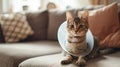 Sick cat lying down looking at camera with plastic collar on head Royalty Free Stock Photo