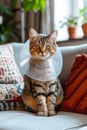 Sick cat lying down looking at camera with plastic collar on head Royalty Free Stock Photo