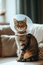 Sick cat lying down looking at camera with plastic collar on head Royalty Free Stock Photo