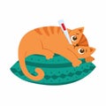 Sick cat with thermometer lies on the pillow flat vector illustration.