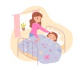 Sick child and care of mom, kid lying in bed at home, girl suffering from flu or cold Royalty Free Stock Photo