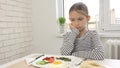 Sick Child Couldn`t Eat Breakfast in Kitchen, Looking Food Meal, No Appetite