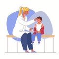 Sick child with friendly, caring doctor. Kid got cold. Child`s body temperature is measured and medicines are given.