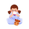 Sick child girl sitting in bed with toy bear and blowing her nose, feel so bad with fever. Cartoon vector illustration Royalty Free Stock Photo