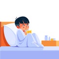 Sick child with seasonal infections, flu, allergy lying in bed. Sick boy covered with a blanket lying in bed with high Royalty Free Stock Photo