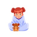 Sick child with seasonal infections, flu, allergy lying in bed. Sick girl covered with a blanket lying in bed with high Royalty Free Stock Photo