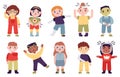 Sick children. Little kids with disease symptoms, headache, abdominal pain, runny nose and rashes vector illustration