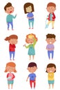 Sick Children Standing and Feeling Unwell Vector Illustrations Set