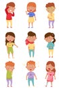 Sick Children Standing and Feeling Unwell Vector Illustrations Set