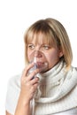 Sick cough woman using inhaler mask isolated Royalty Free Stock Photo