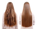 Sick, cut and healthy hair care keratin. Before and after treatment Royalty Free Stock Photo