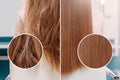 Sick, cut and healthy hair care straightening. Before and after treatment Royalty Free Stock Photo