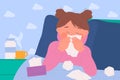 Sick cute little girl with cold flu, cough, sneeze or allergy, sad kid with runny nose