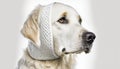 A sick dog sits with a bandage on his head and a white background. AI generated