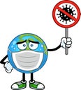 Sick Earth Globe Cartoon Character With Face Mask Holding A Stop Sign Royalty Free Stock Photo